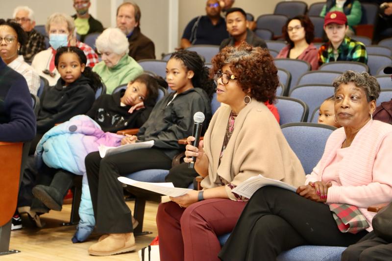 Trina Brown Hicks, a member of the Lewes African American Heritage Commission, asks panelists about their experiences in integrating Lewes public schools.